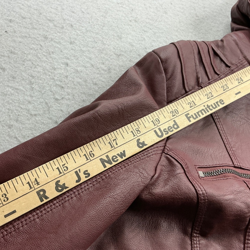 Burgundy Faux Leather Hooded Moto Jacket Faux Fur Lined Pockets Med Streetwear - Picture 11 of 16